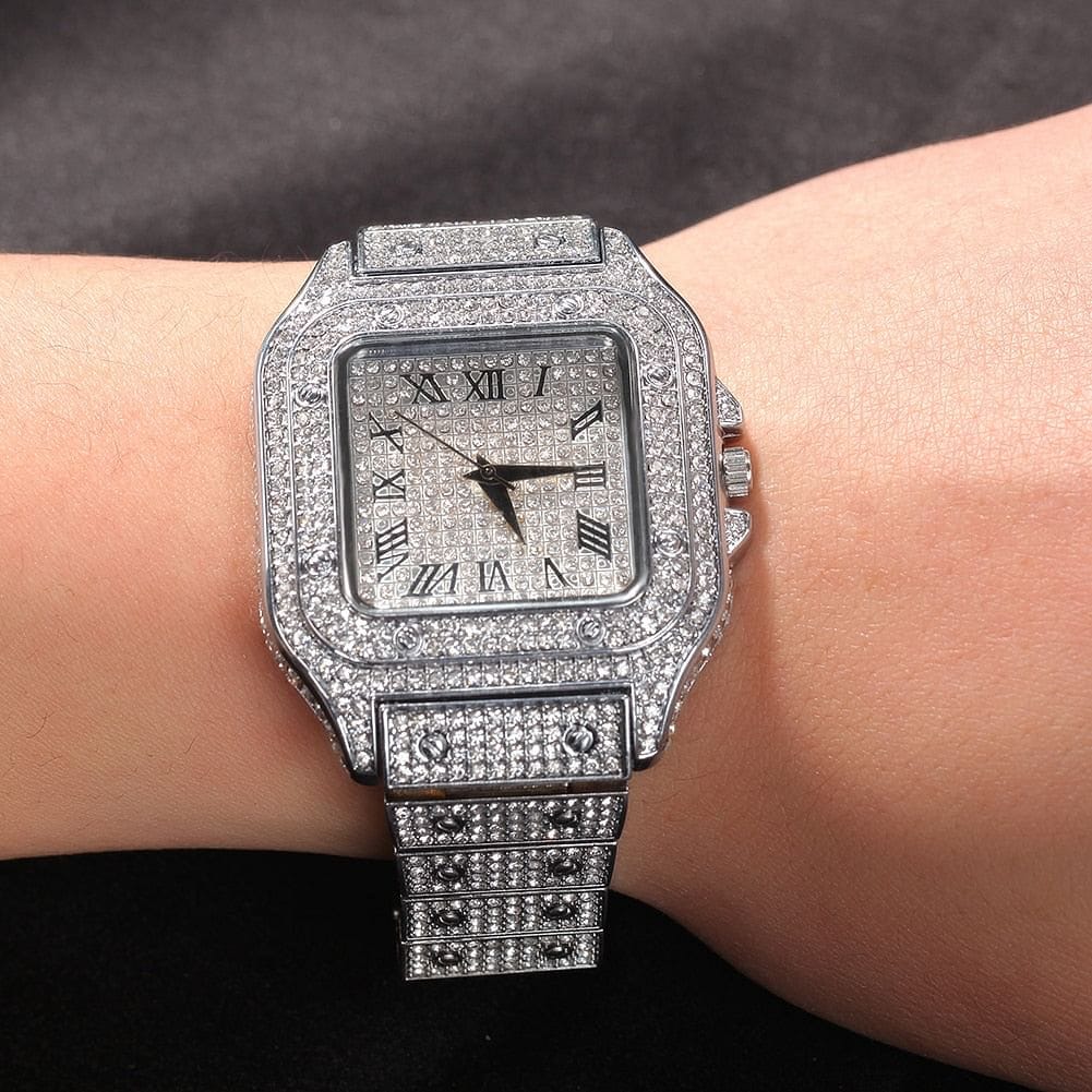 Fully Iced Square Stainless Steel Roman Watch - Image 3