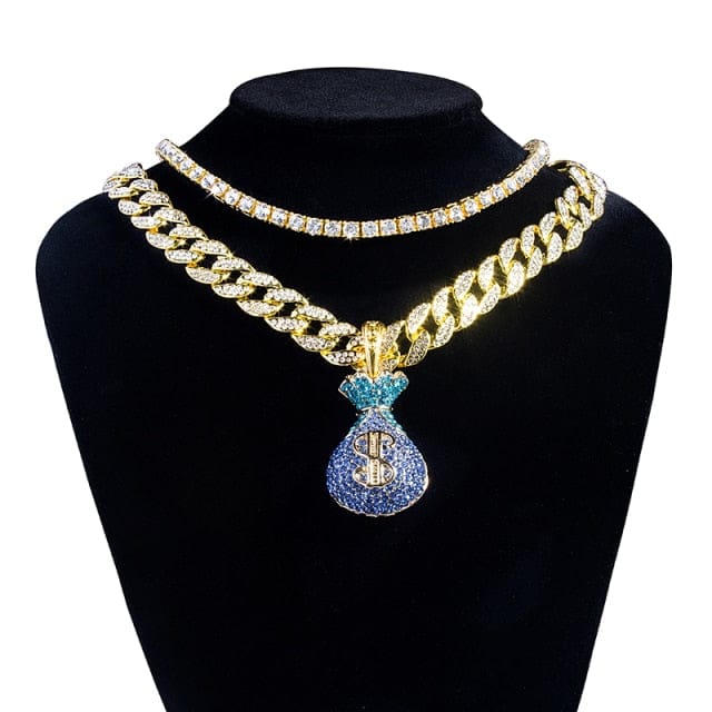 VVS Jewelry Money Bag Pendant Cuban Chain + Tennis Choker Bundle - Image 6