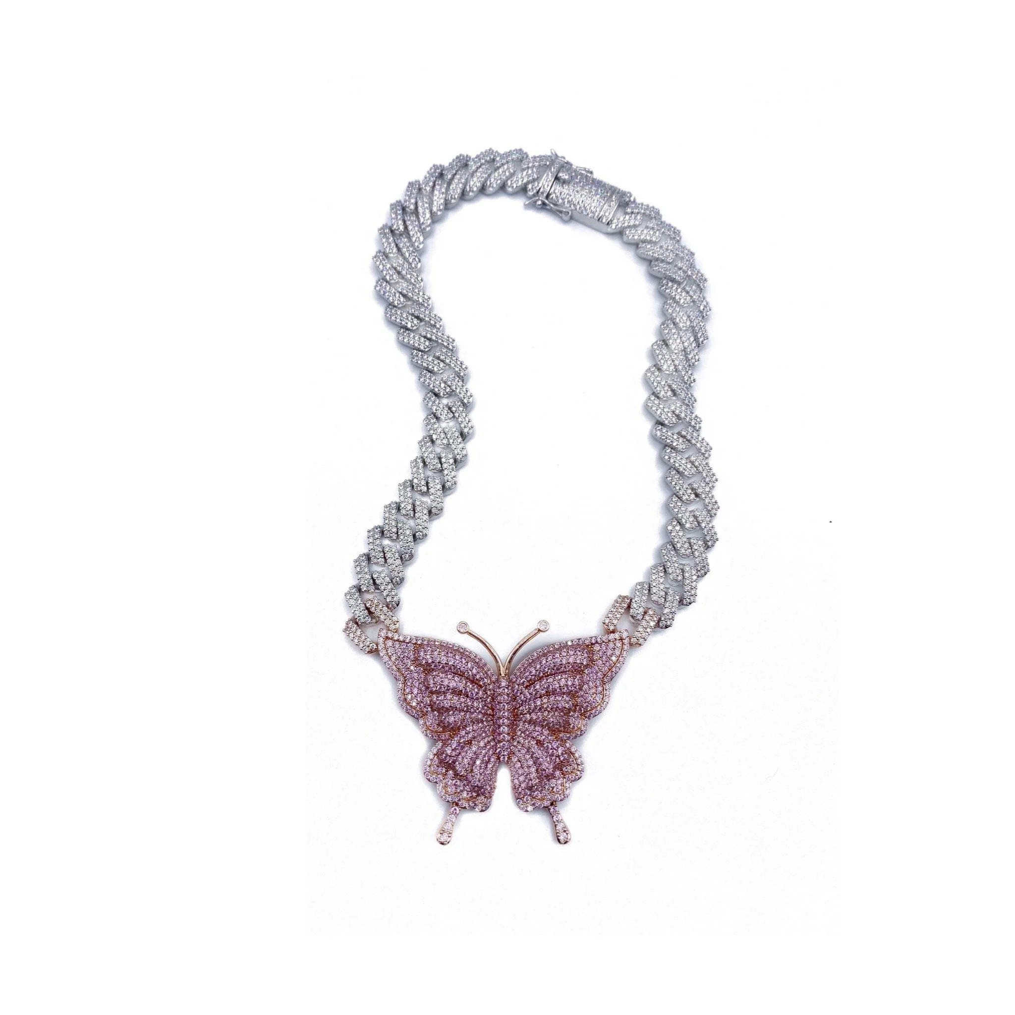 VVS Jewelry Pink Silver Butterfly Miami Cuban Choker - Image 11