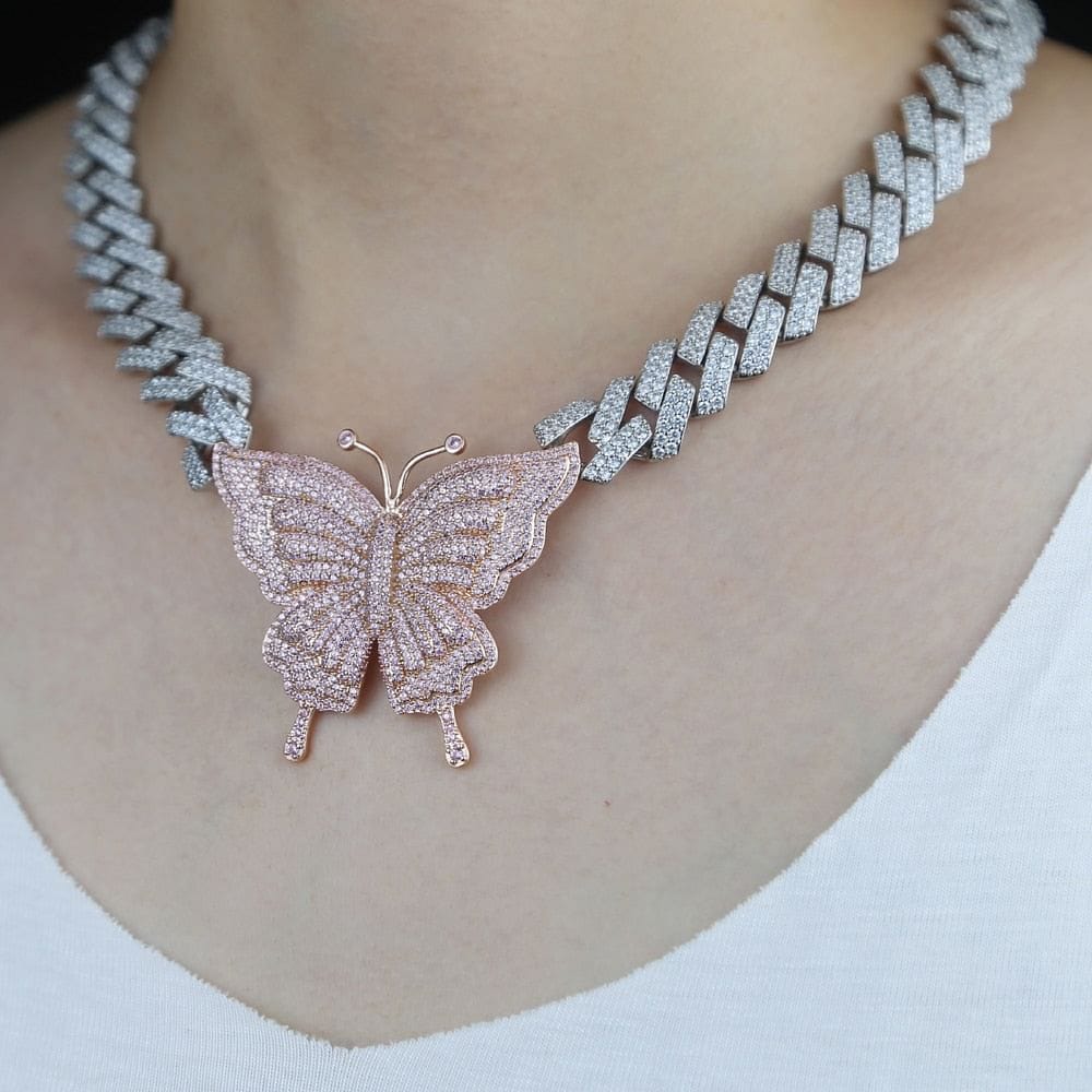 VVS Jewelry Pink Silver Butterfly Miami Cuban Choker - Image 13