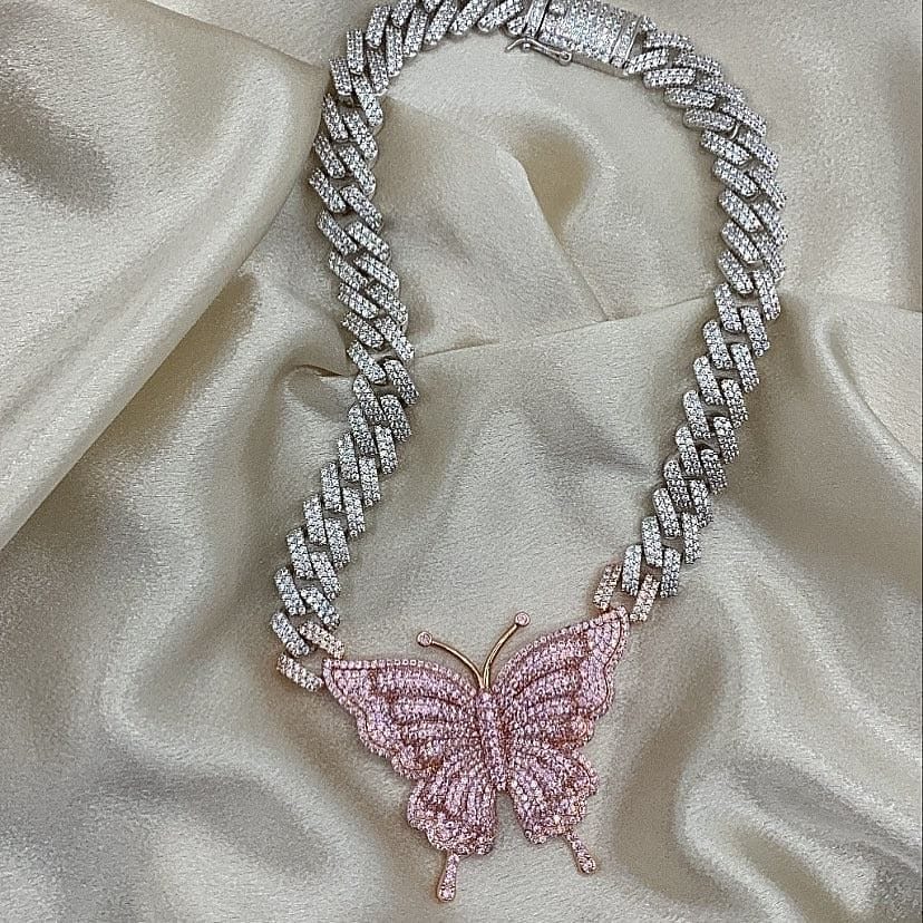 VVS Jewelry Pink Silver Butterfly Miami Cuban Choker - Image 14