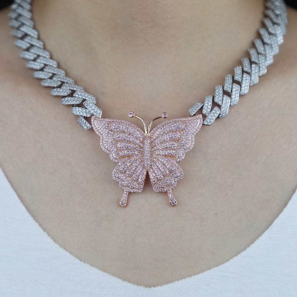 VVS Jewelry Pink Silver Butterfly Miami Cuban Choker - Image 4
