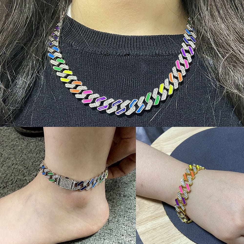 Rainbow Cuban Link Chain – Multicolor Iced Out Necklace & FREE Bracelet - Image 5