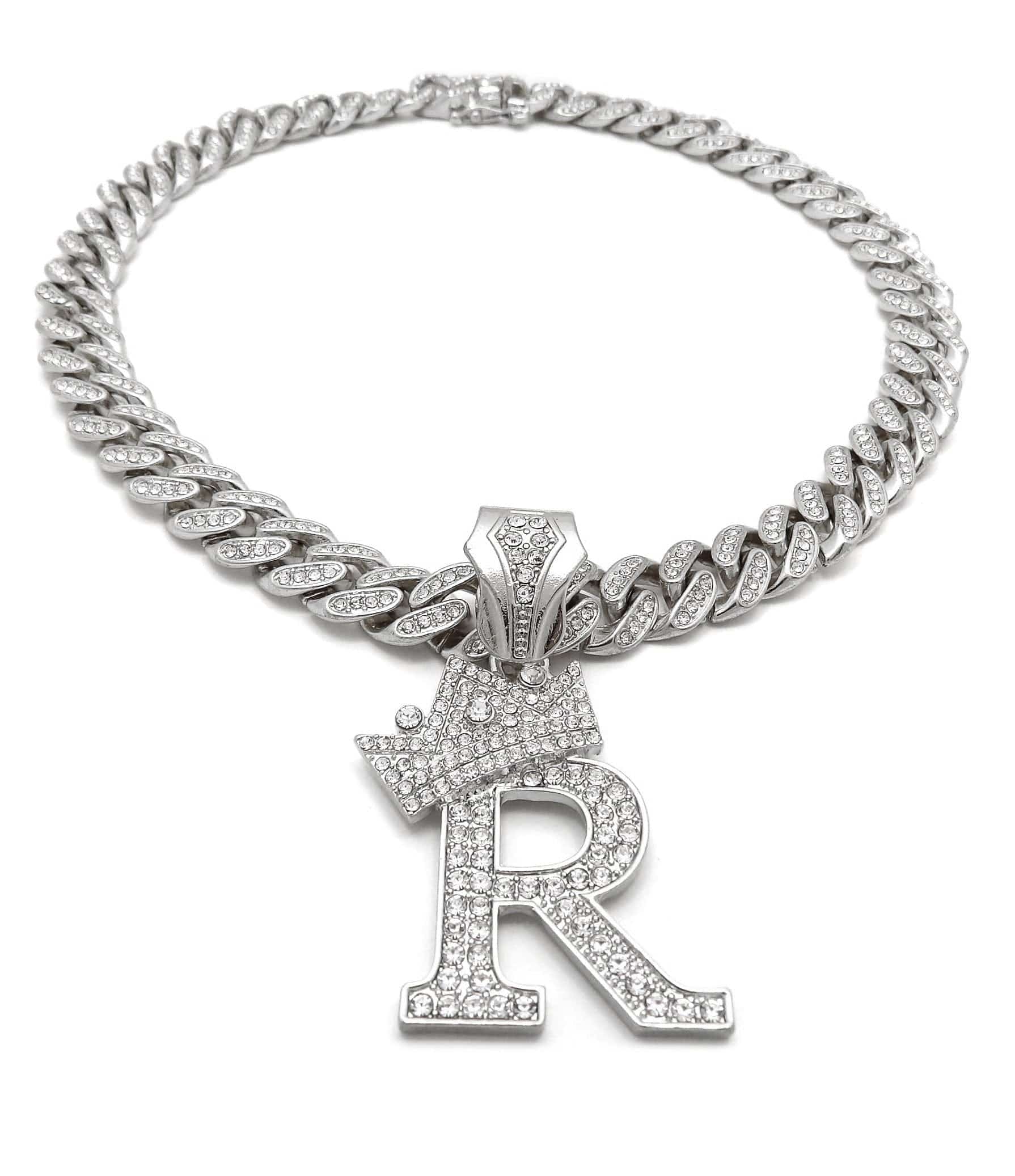 VVS Jewelry Silver Crowned Initial Cuban Pendant Chain