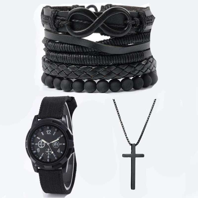VVS Vanta Noir 6-Piece Men's Accessory Set – Leather Bracelet, Mechanical Watch & Cross Pendant Necklace Bundle - Image 5