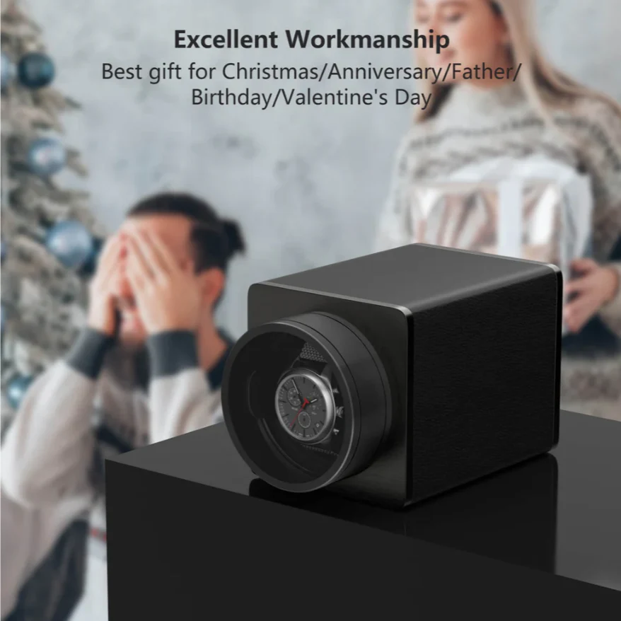 Watch Winder Single Box – Quiet Mabuchi Motor, Stackable Vegan Leather Case for Travel – Midnight Black - Image 6